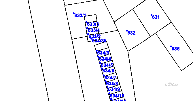 Parcela st. 634/3 v KÚ Klíše, Katastrální mapa