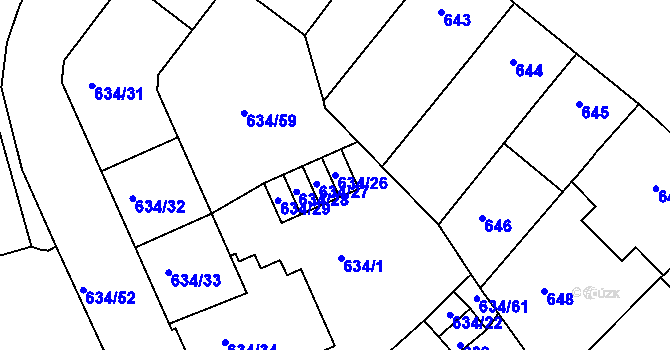 Parcela st. 634/26 v KÚ Klíše, Katastrální mapa