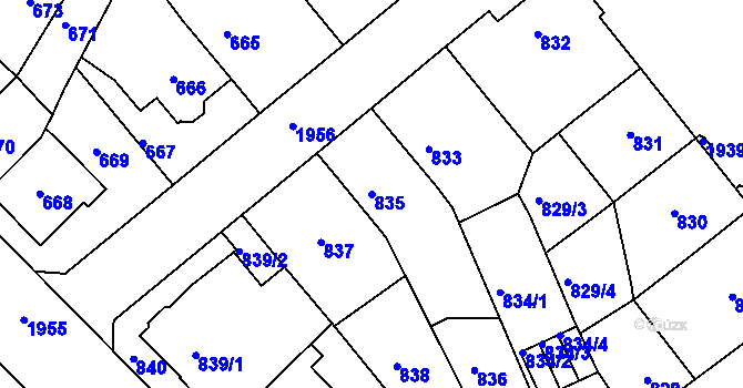 Parcela st. 835 v KÚ Klíše, Katastrální mapa