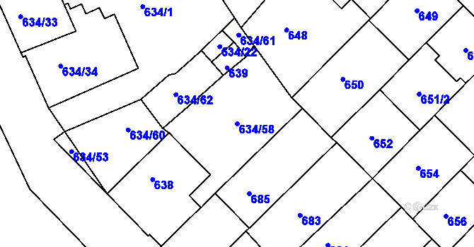 Parcela st. 634/58 v KÚ Klíše, Katastrální mapa