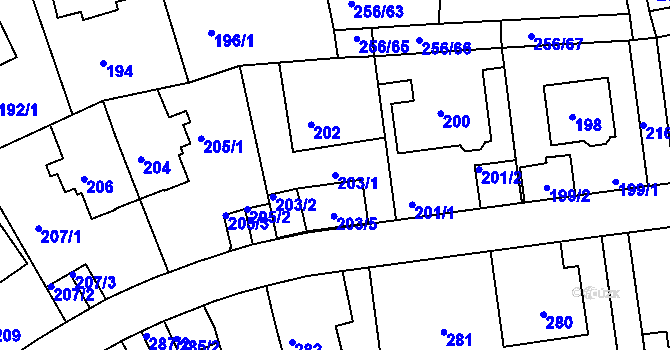 Parcela st. 203/1 v KÚ Klíše, Katastrální mapa
