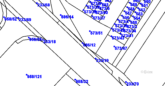 Parcela st. 686/12 v KÚ Všebořice, Katastrální mapa