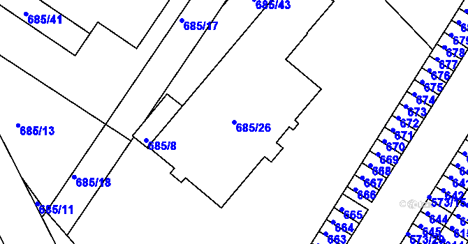 Parcela st. 685/26 v KÚ Všebořice, Katastrální mapa