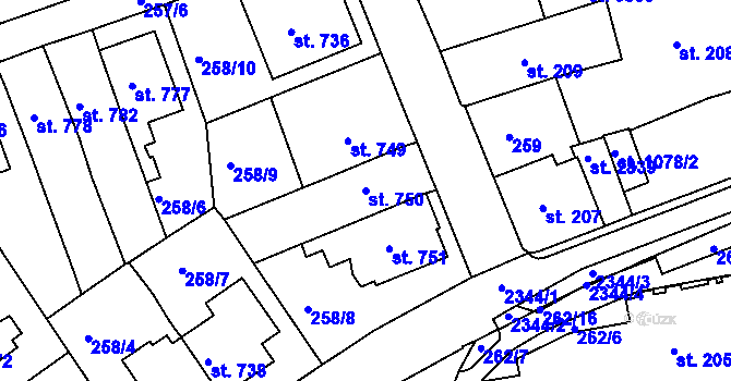 Parcela st. 750 v KÚ Ústí nad Orlicí, Katastrální mapa