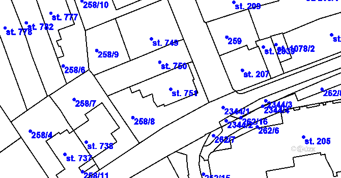 Parcela st. 751 v KÚ Ústí nad Orlicí, Katastrální mapa