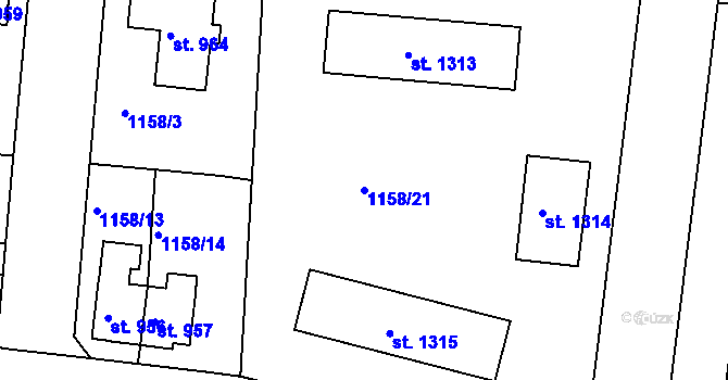 Parcela st. 1158/21 v KÚ Ústí nad Orlicí, Katastrální mapa