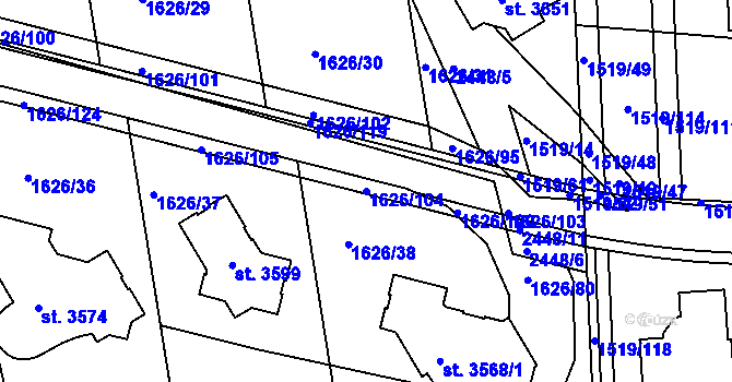 Parcela st. 1626/104 v KÚ Ústí nad Orlicí, Katastrální mapa