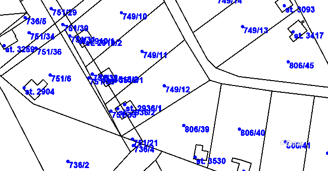 Parcela st. 749/12 v KÚ Ústí nad Orlicí, Katastrální mapa