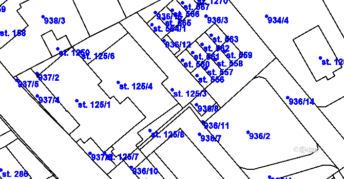 Parcela st. 125/3 v KÚ Hylváty, Katastrální mapa