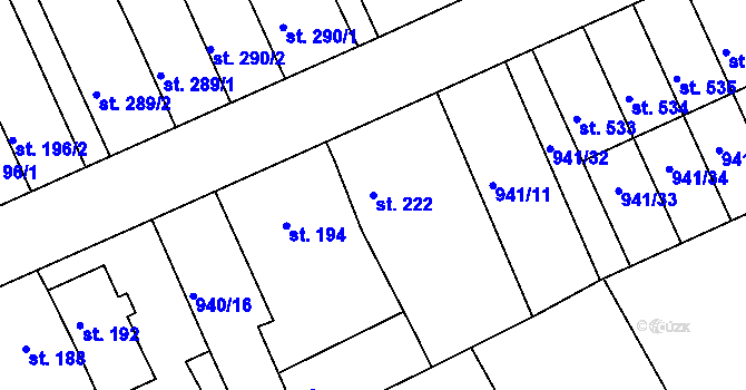 Parcela st. 222 v KÚ Hylváty, Katastrální mapa