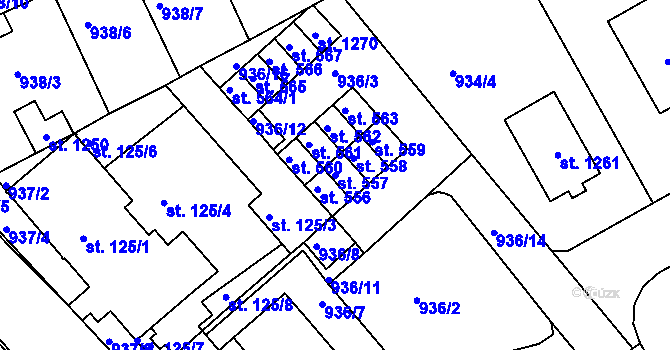 Parcela st. 557 v KÚ Hylváty, Katastrální mapa