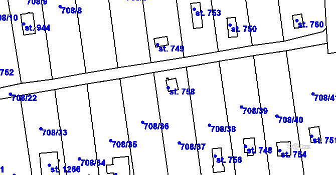 Parcela st. 758 v KÚ Hylváty, Katastrální mapa