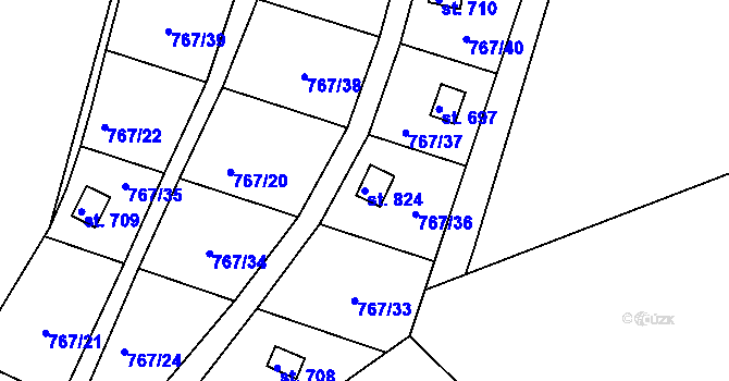 Parcela st. 824 v KÚ Hylváty, Katastrální mapa