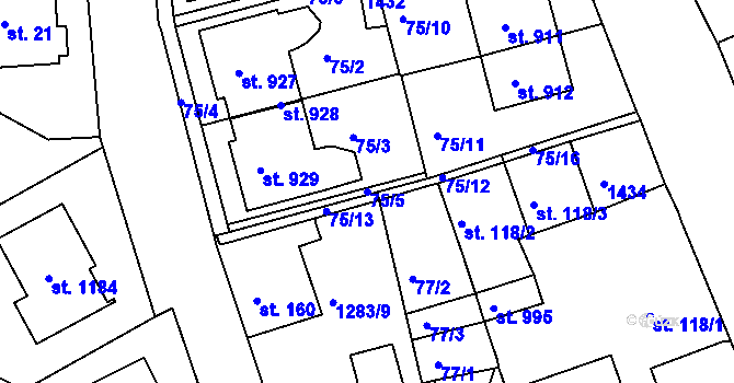 Parcela st. 75/5 v KÚ Hylváty, Katastrální mapa