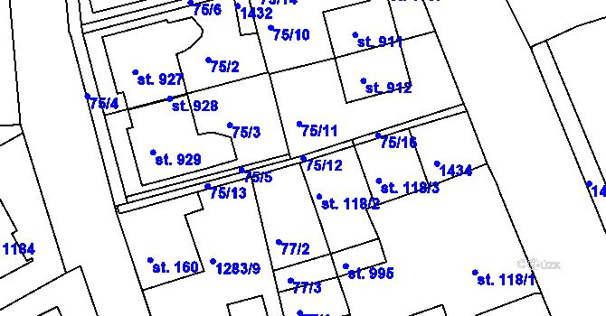 Parcela st. 75/12 v KÚ Hylváty, Katastrální mapa