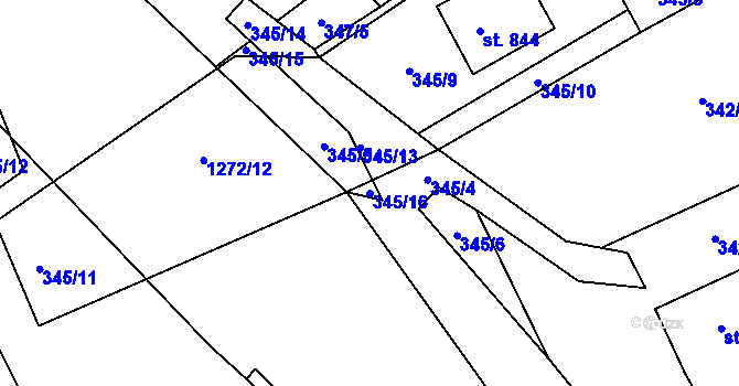 Parcela st. 345/16 v KÚ Hylváty, Katastrální mapa