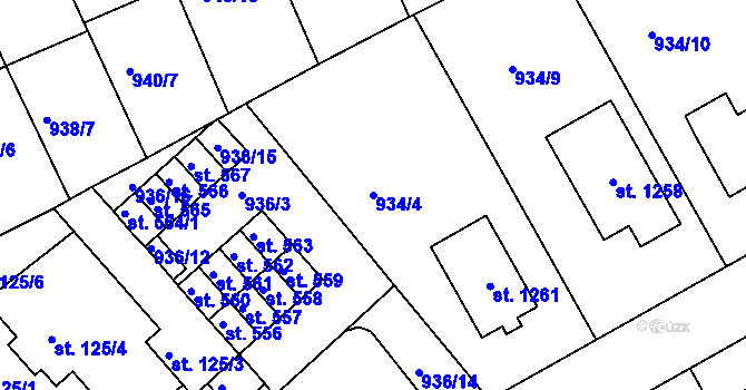 Parcela st. 934/4 v KÚ Hylváty, Katastrální mapa