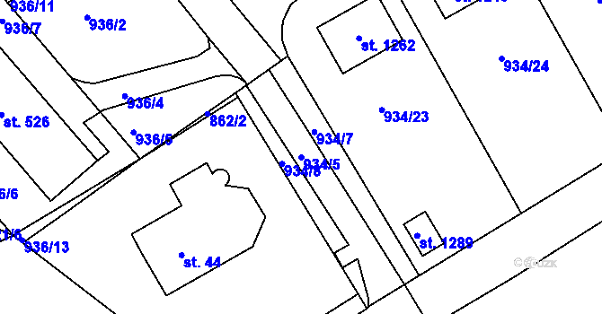 Parcela st. 934/5 v KÚ Hylváty, Katastrální mapa