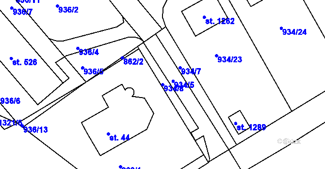 Parcela st. 934/8 v KÚ Hylváty, Katastrální mapa