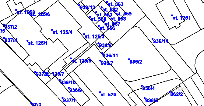 Parcela st. 936/11 v KÚ Hylváty, Katastrální mapa