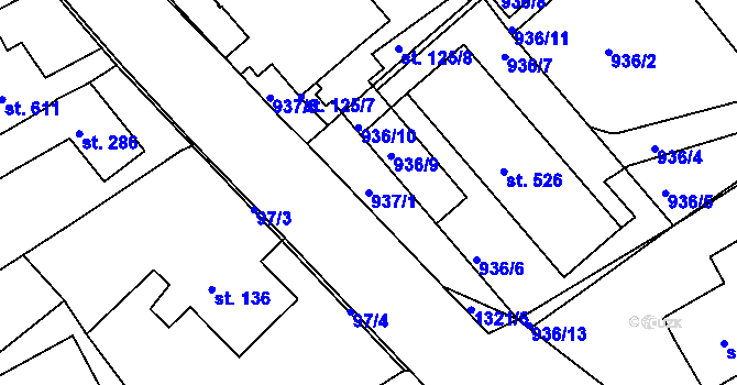 Parcela st. 937/1 v KÚ Hylváty, Katastrální mapa