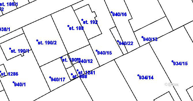 Parcela st. 940/15 v KÚ Hylváty, Katastrální mapa