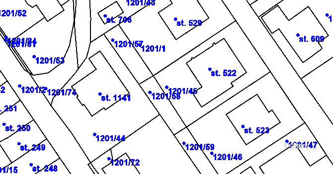 Parcela st. 1201/45 v KÚ Hylváty, Katastrální mapa