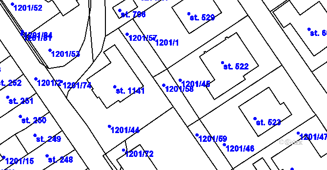 Parcela st. 1201/58 v KÚ Hylváty, Katastrální mapa