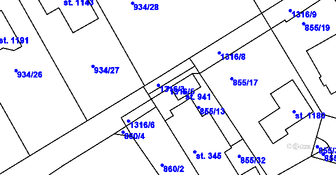 Parcela st. 1316/5 v KÚ Hylváty, Katastrální mapa