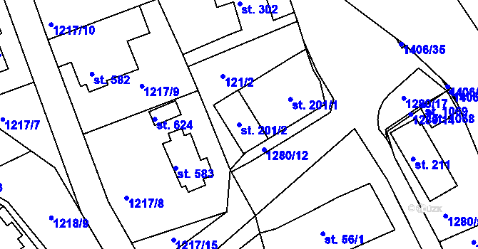 Parcela st. 201/2 v KÚ Hylváty, Katastrální mapa