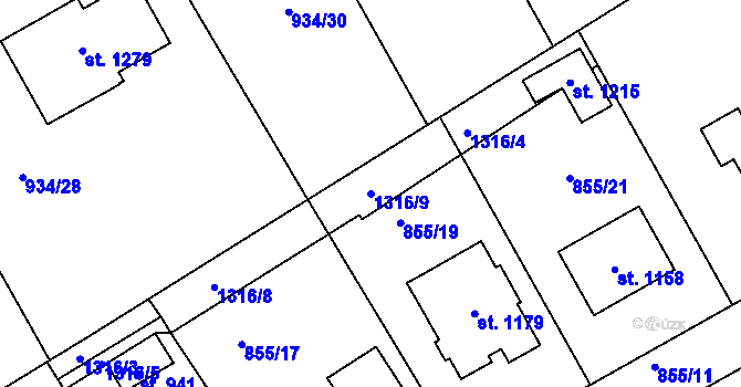 Parcela st. 1316/9 v KÚ Hylváty, Katastrální mapa