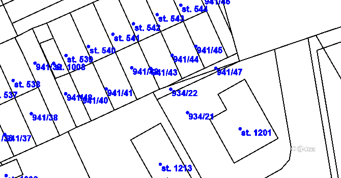 Parcela st. 934/22 v KÚ Hylváty, Katastrální mapa