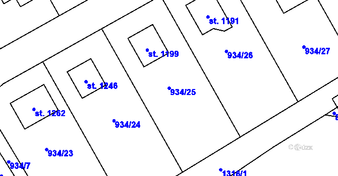 Parcela st. 934/25 v KÚ Hylváty, Katastrální mapa