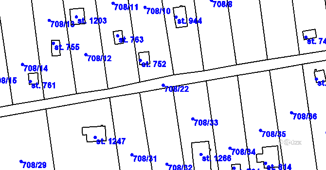 Parcela st. 708/22 v KÚ Hylváty, Katastrální mapa