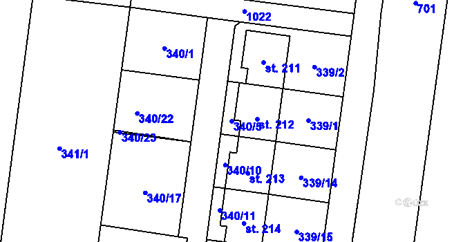 Parcela st. 340/5 v KÚ Ústín, Katastrální mapa