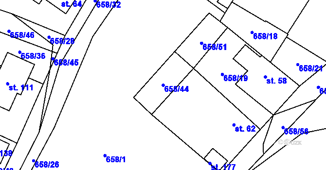 Parcela st. 658/44 v KÚ Ústrašín, Katastrální mapa