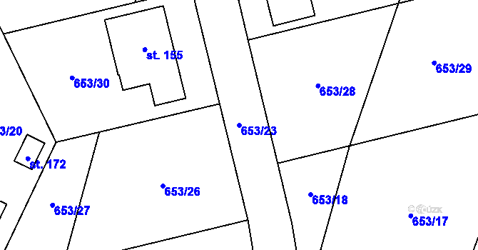 Parcela st. 653/23 v KÚ Ústrašín, Katastrální mapa
