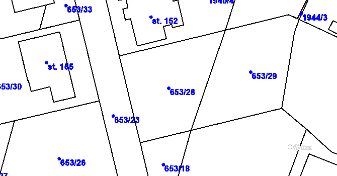 Parcela st. 653/28 v KÚ Ústrašín, Katastrální mapa