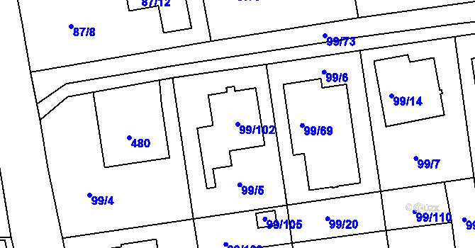Parcela st. 99/102 v KÚ Útěchov u Brna, Katastrální mapa