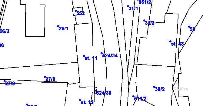 Parcela st. 524/34 v KÚ Útěchovičky, Katastrální mapa