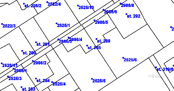 Parcela st. 285 v KÚ Úvalno, Katastrální mapa
