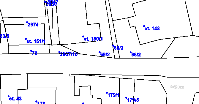 Parcela st. 69/2 v KÚ Úvalno, Katastrální mapa