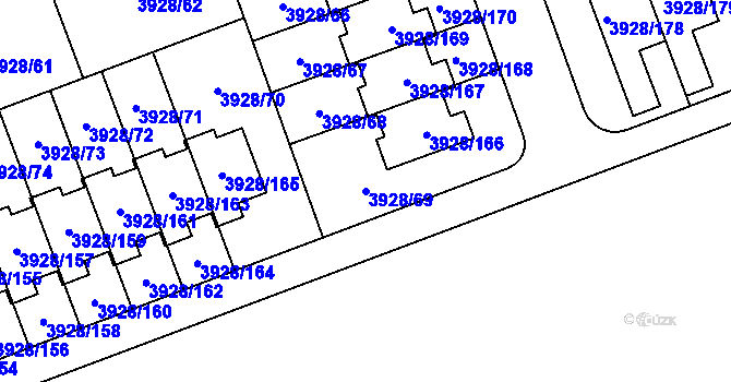 Parcela st. 3928/69 v KÚ Úvaly u Prahy, Katastrální mapa