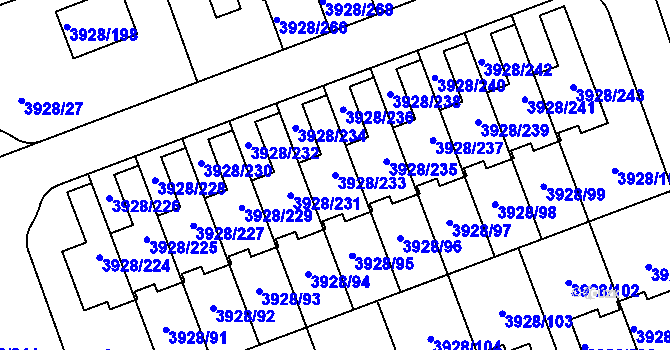 Parcela st. 3928/233 v KÚ Úvaly u Prahy, Katastrální mapa