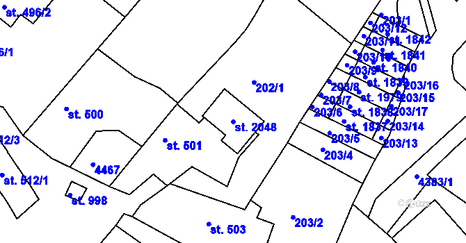 Parcela st. 2048 v KÚ Valašské Klobouky, Katastrální mapa