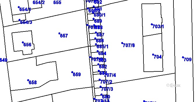 Parcela st. 684 v KÚ Valašské Meziříčí-město, Katastrální mapa