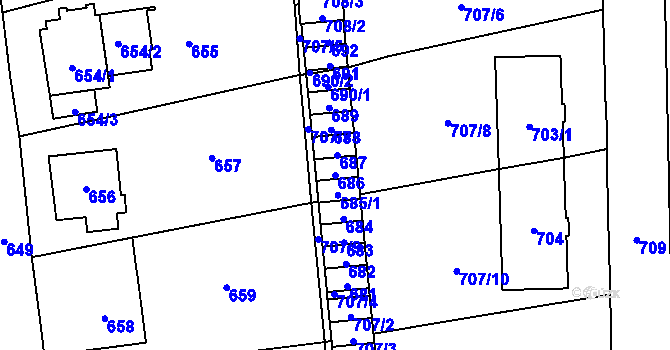 Parcela st. 686 v KÚ Valašské Meziříčí-město, Katastrální mapa