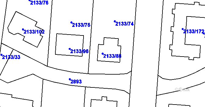 Parcela st. 2133/88 v KÚ Valašské Meziříčí-město, Katastrální mapa