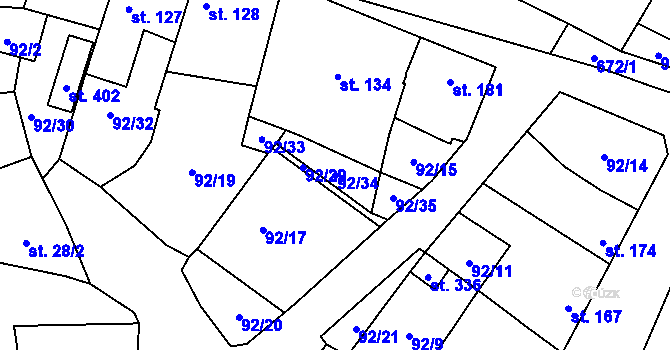Parcela st. 92/34 v KÚ Valeč u Hrotovic, Katastrální mapa