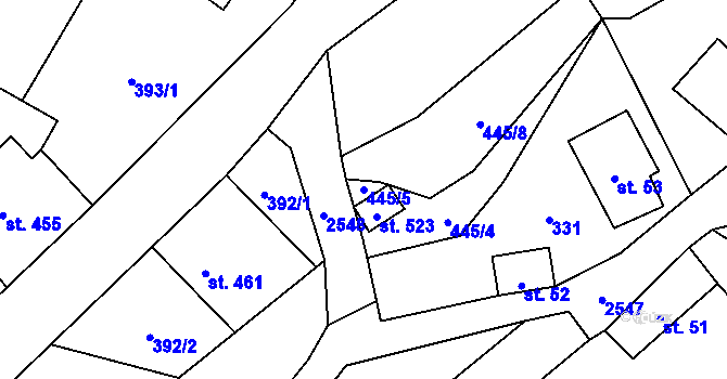 Parcela st. 445/5 v KÚ Valkeřice, Katastrální mapa